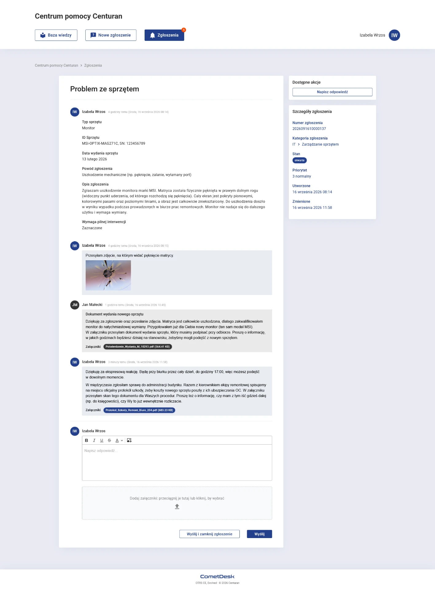 Portal CometDesk — szczegóły zgłoszenia w Centrum pomocy Centuran